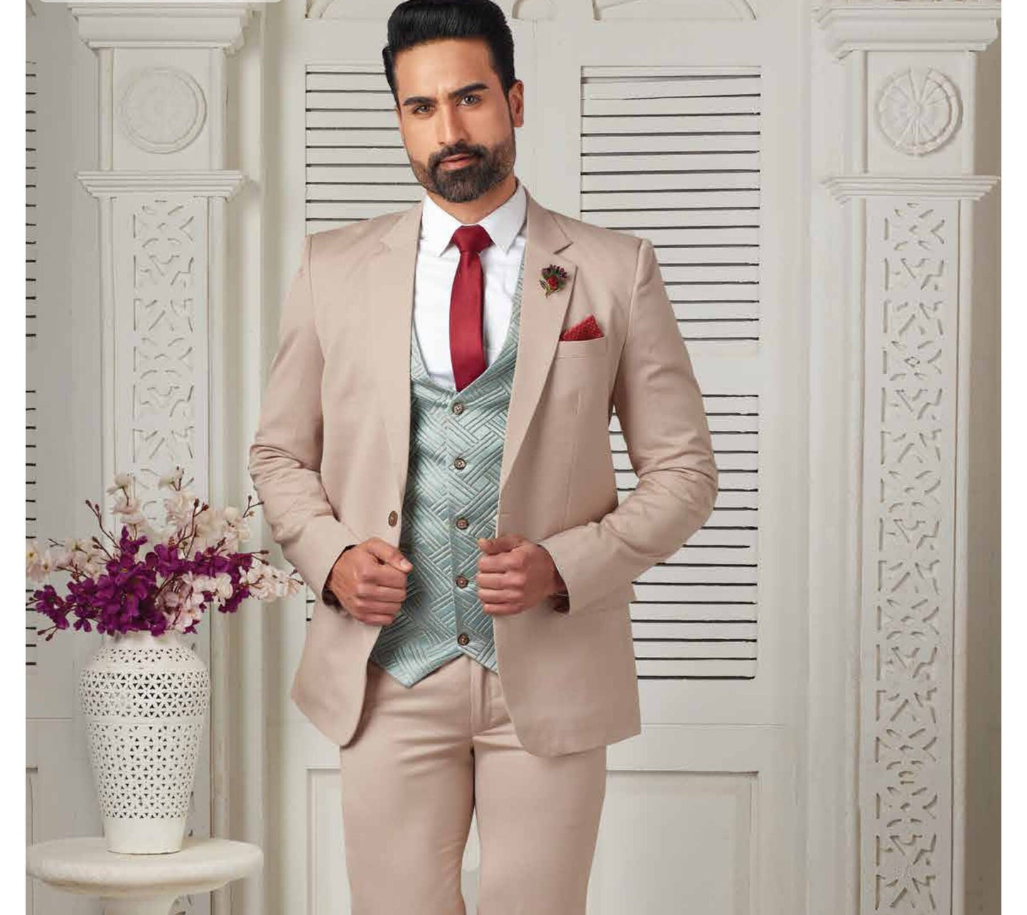 Beige Two-Button Suit: Men's Wedding, Prom, or Engagement Suit