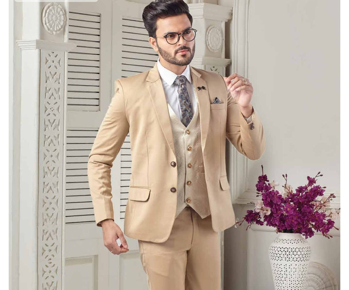 Golden Beige Two-Button Suit: Men's Wedding Groom Tuxedo