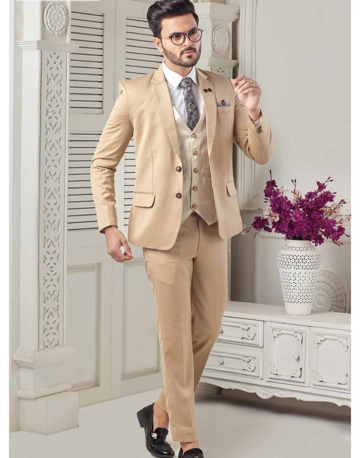 Golden Beige Two-Button Suit: Men's Wedding Groom Tuxedo