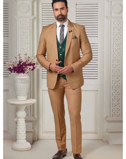 Men's Golden Beige 3-Piece Suit, Bespoke Wedding Groom Tuxedo