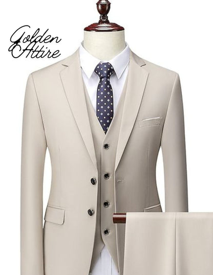 Men's Cream 3 Piece Suit: Beige Two Button Wedding Tuxedo