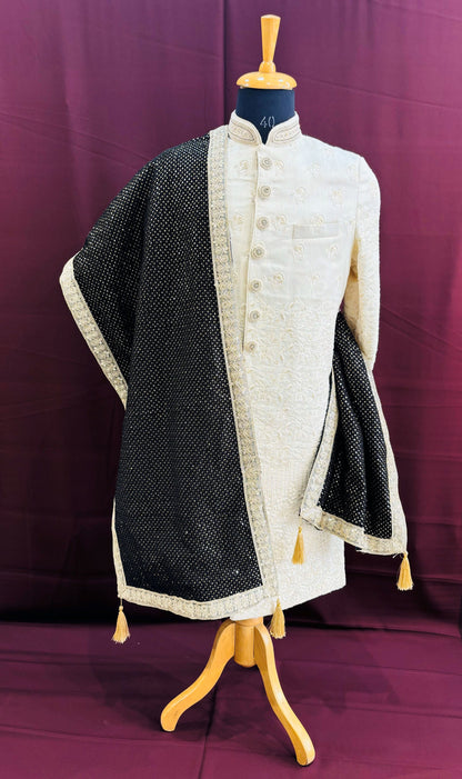 Black Velvet Groom Turban & Shawl Set: Golden Lace, Detachable Kalangi