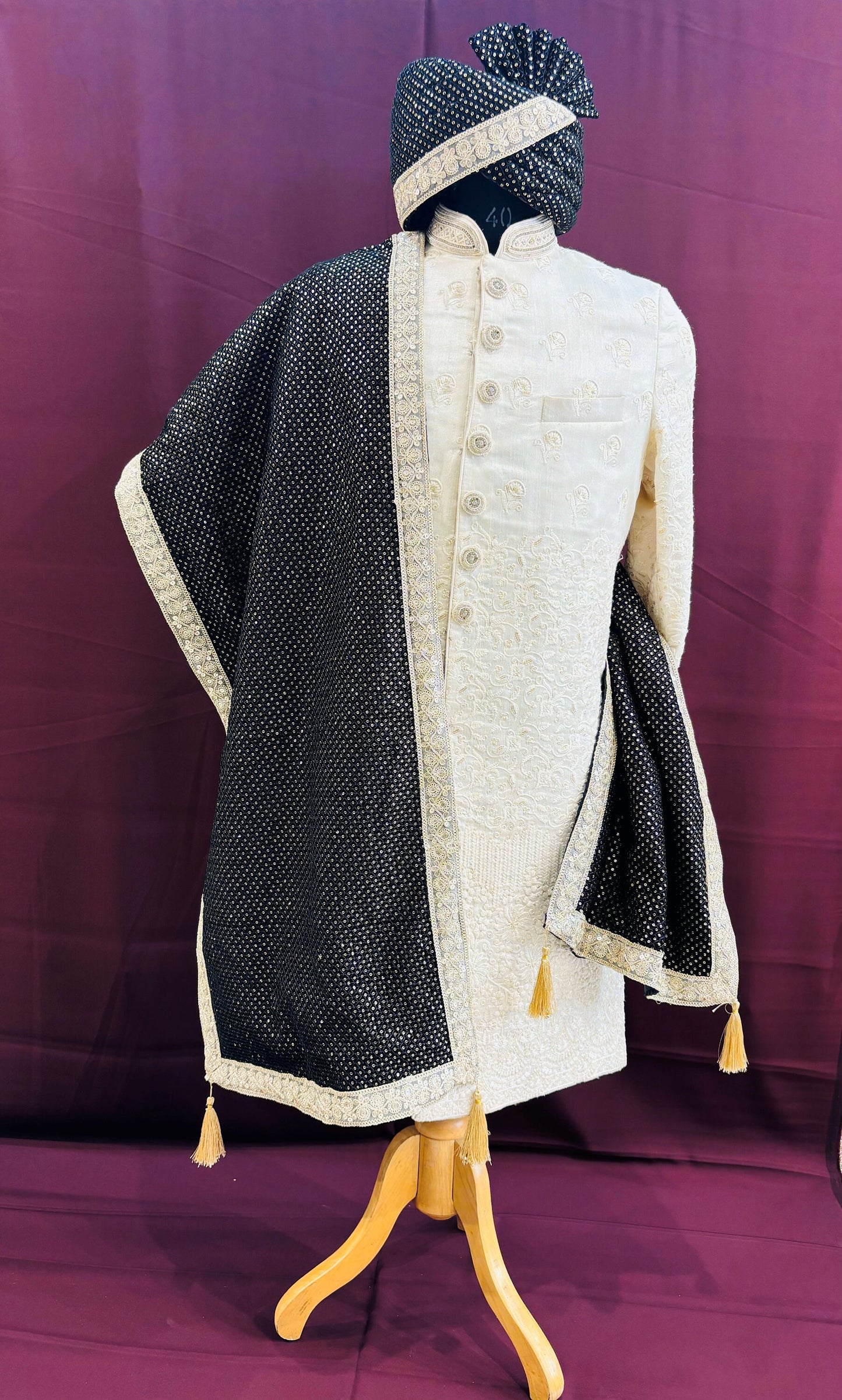 Black Velvet Groom Turban & Shawl Set: Golden Lace, Detachable Kalangi