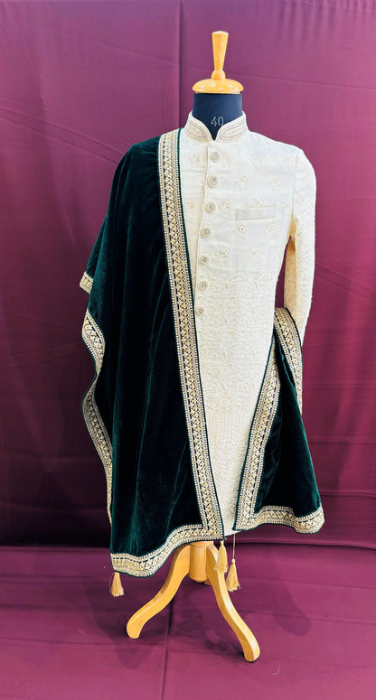 Green Velvet Groom Shawl: Indian Wedding Sherwani Dupatta