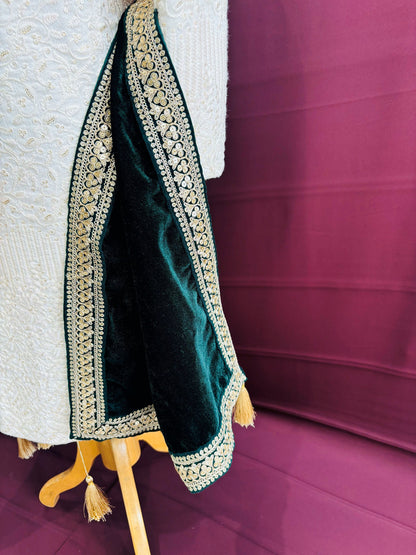 Green Velvet Groom Shawl: Indian Wedding Sherwani Dupatta