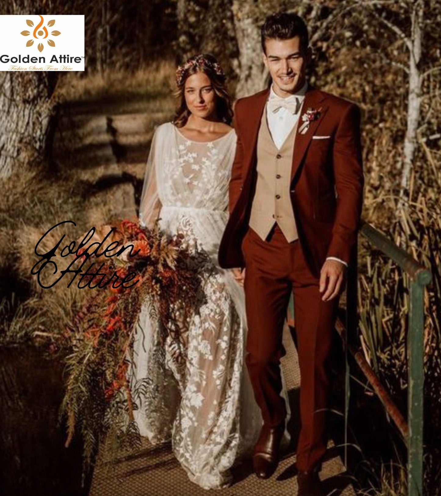 Terracotta 3-Piece Suit: Rust Wedding Groom Tuxedo