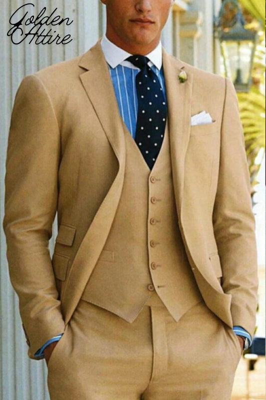 Golden Beige 3-Piece Suit: One Button Tuxedo, Wedding Groom Attire