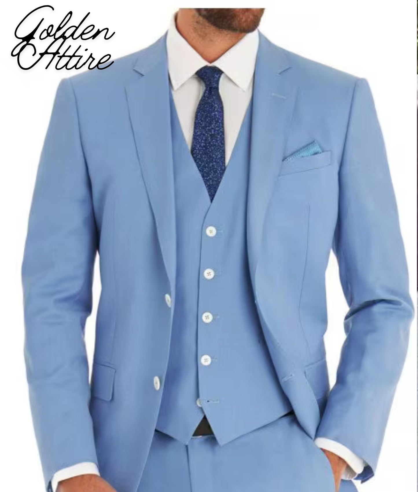 Sky Blue 3-Piece Suit: Slim Fit One Button Tuxedo