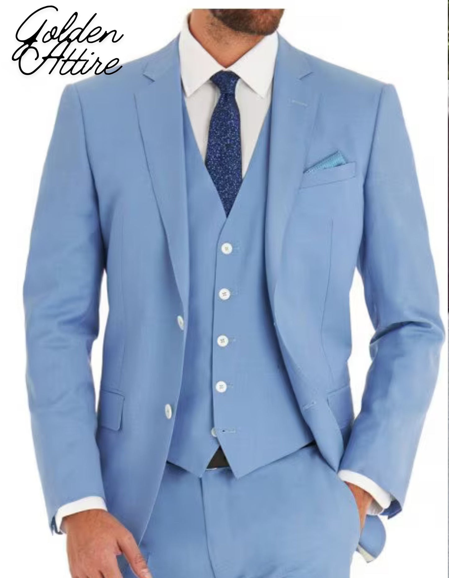 Sky Blue 3-Piece Suit: Slim Fit One Button Tuxedo