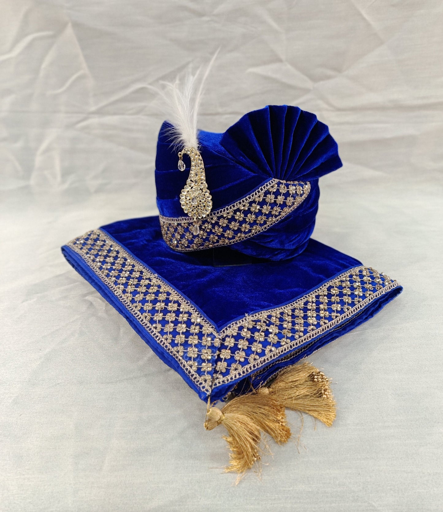 Royal Blue Velvet Turban & Shawl Set, Indian Wedding Safa, Adjustable Pagdi,