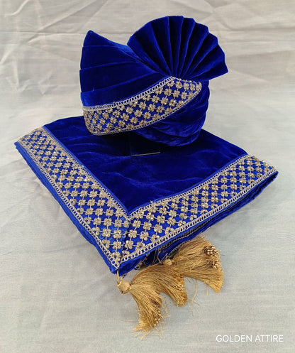 Royal Blue Velvet Turban & Shawl Set, Indian Wedding Safa, Adjustable Pagdi,