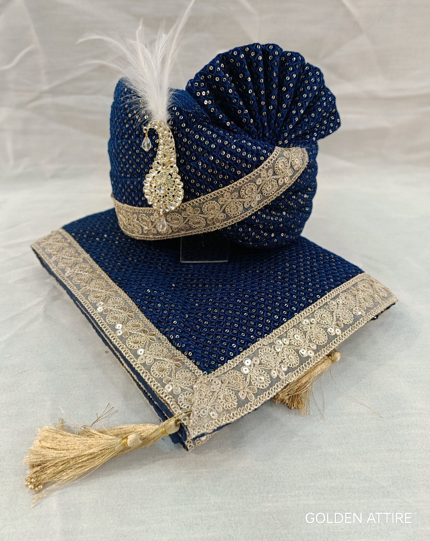 Navy Blue Velvet Turban & Shawl Set, Golden Lace Wedding Safa