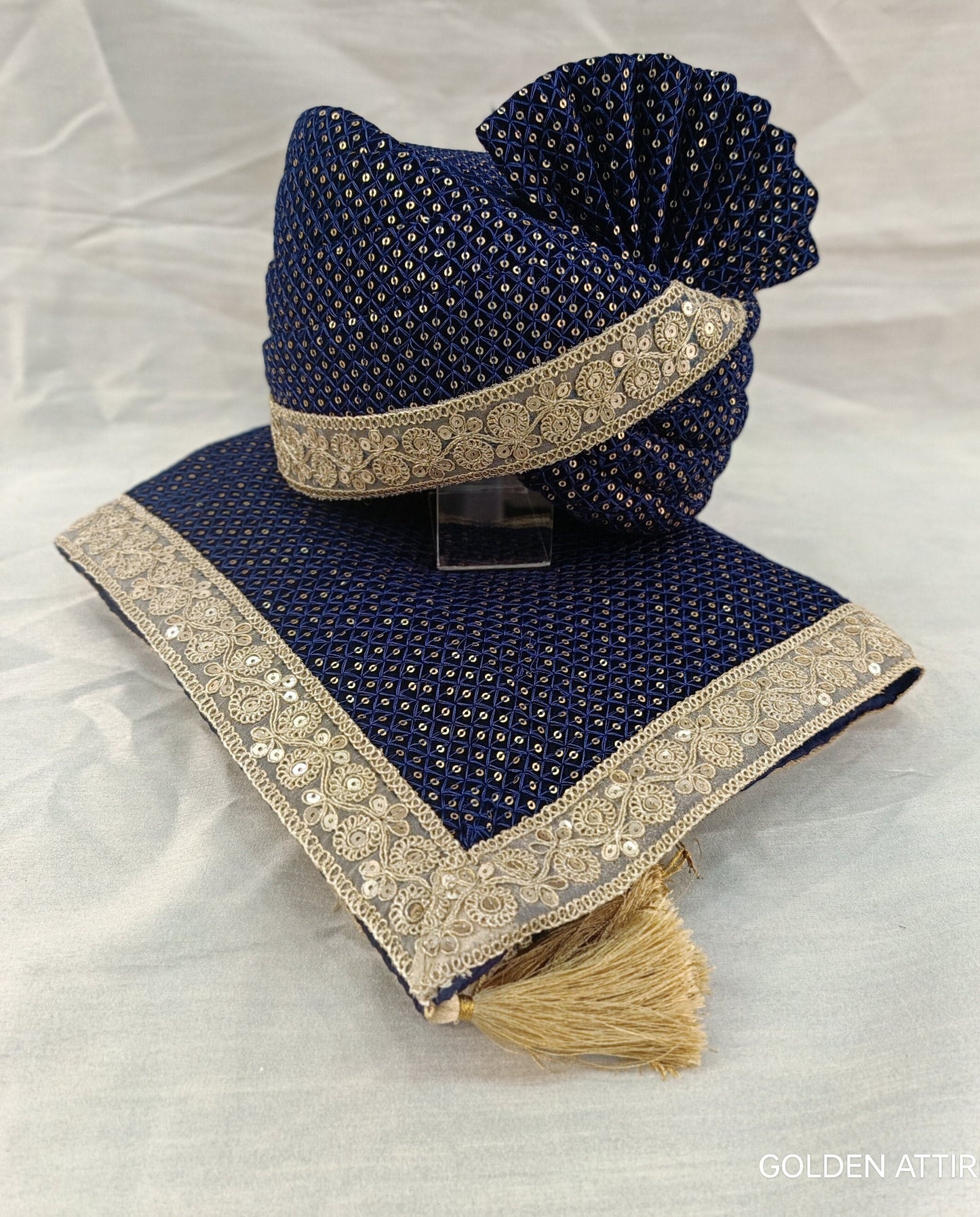 Navy Blue Velvet Turban & Shawl Set, Golden Lace Wedding Safa