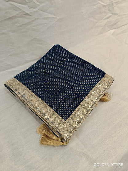 Navy Blue Velvet Turban & Shawl Set, Golden Lace Wedding Safa