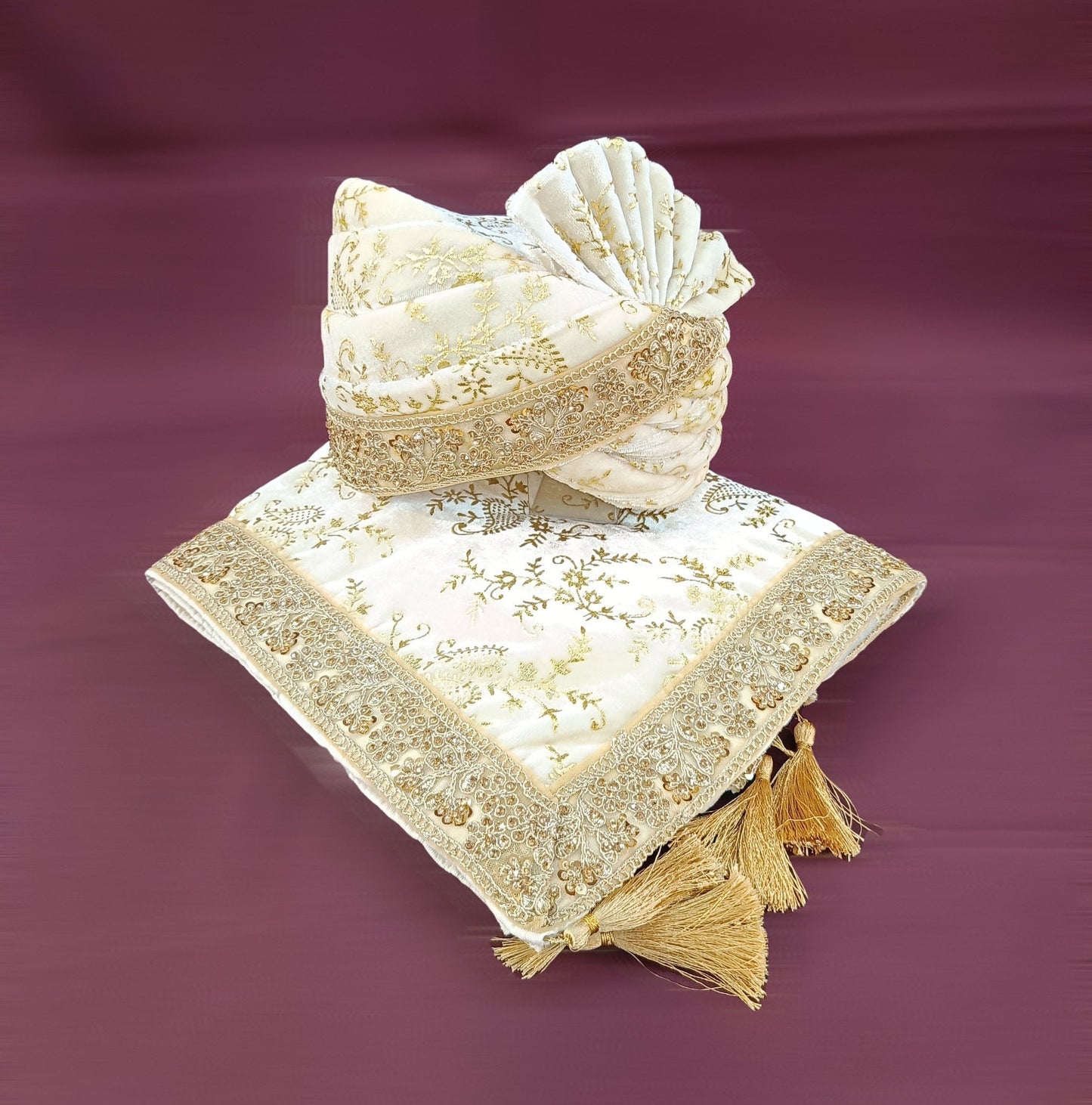 Gold Embroidered Velvet Wedding Ivory Turban & Shawl Set