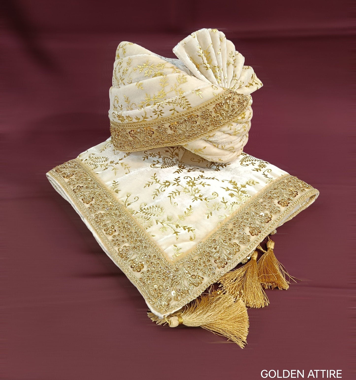 Gold Embroidered Velvet Wedding Ivory Turban & Shawl Set