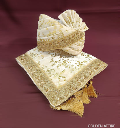 Gold Embroidered Velvet Wedding Ivory Turban & Shawl Set