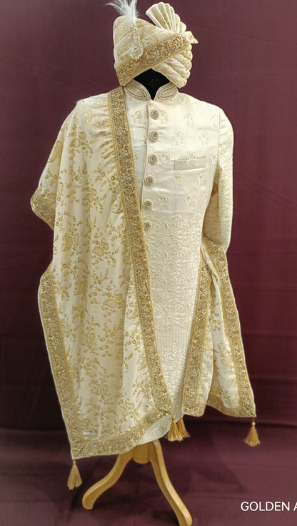 Cream Wedding Shawl for Groom: Embroidered Sherwani Dupatta
