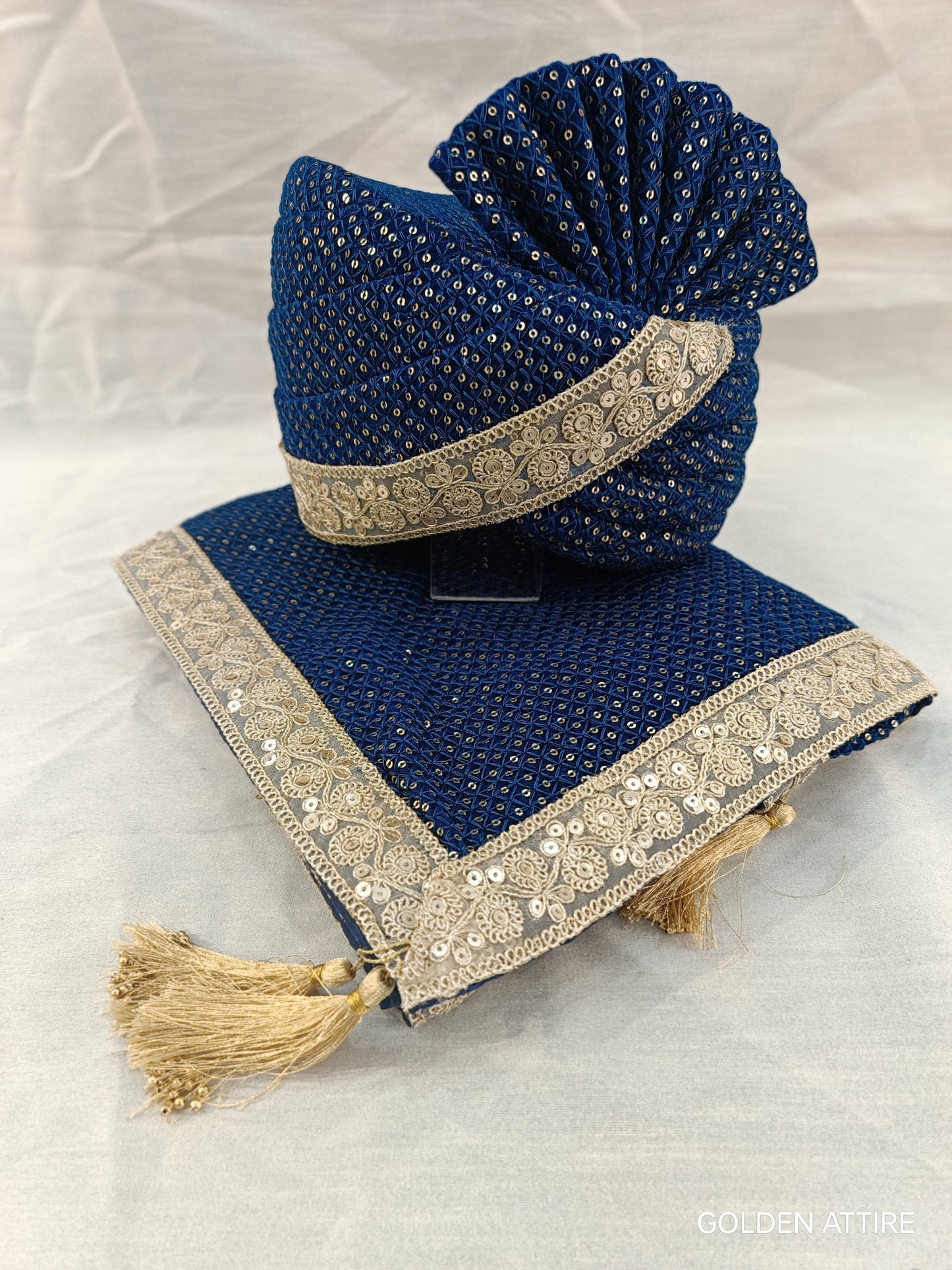 Peacock Blue Wedding Turban & Shawl Set, Adjustable Groom Safa