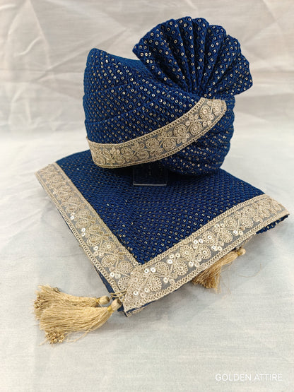 Peacock Blue Wedding Turban & Shawl Set, Adjustable Groom Safa