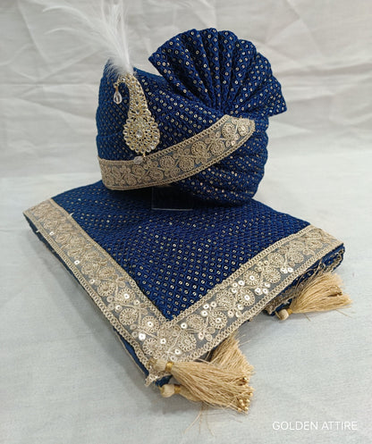 Peacock Blue Wedding Turban & Shawl Set, Adjustable Groom Safa