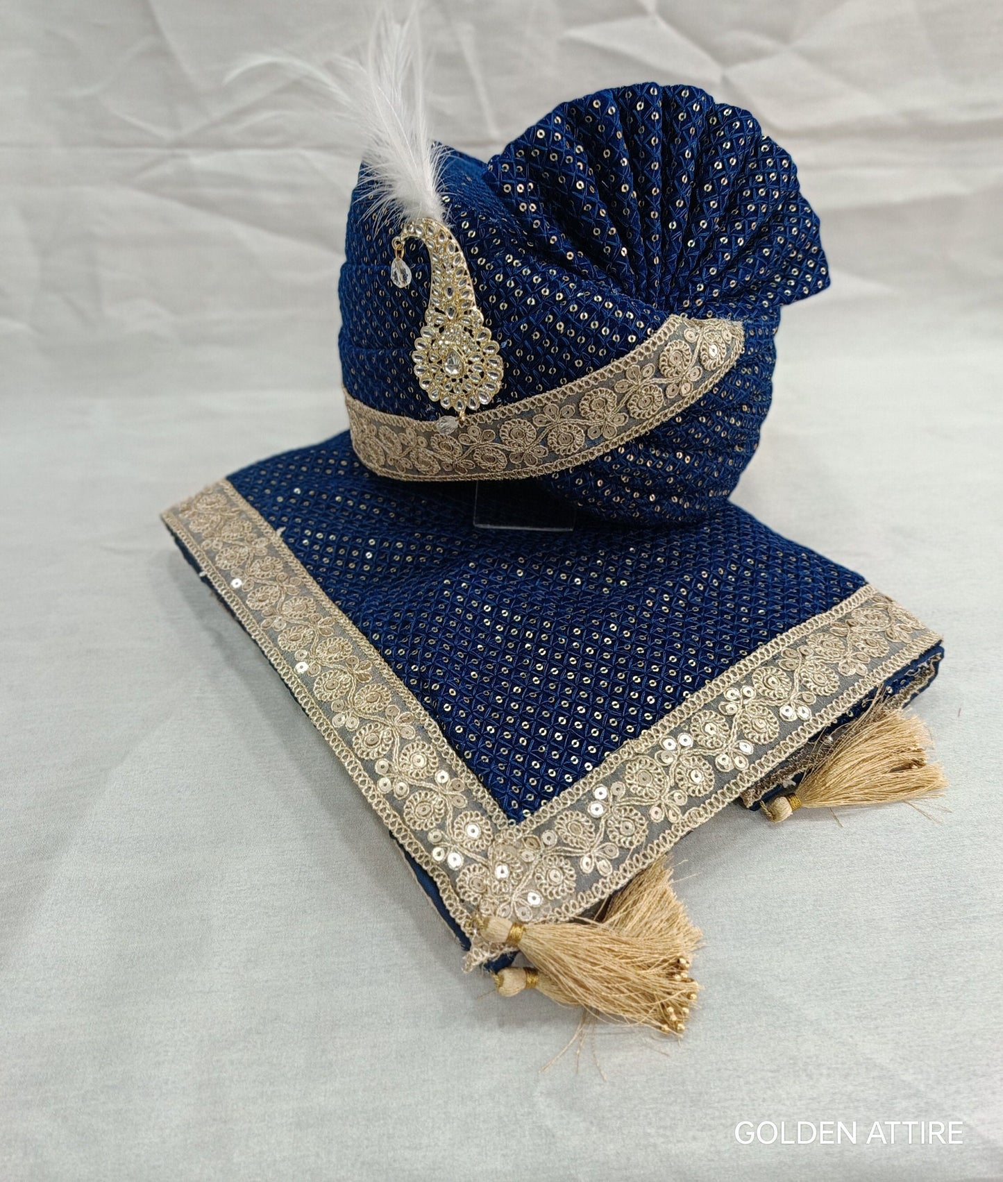 Peacock Blue Wedding Turban & Shawl Set, Adjustable Groom Safa