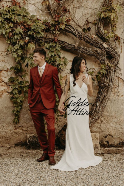 Terracotta Men's Suit: Luxury 3-Piece Ethnic Wedding Groom Wear