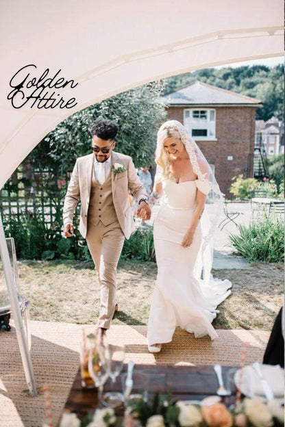Beige Linen Suit Men, Slim Fit 3 Piece Wedding Tuxedo