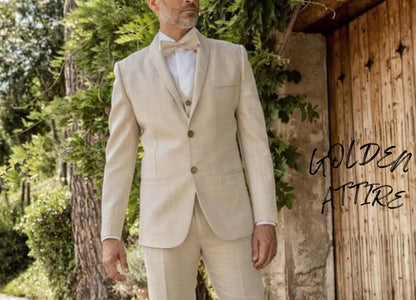 Cream Linen Suit for Men, Beige 3-Piece Two Button Bespoke Suit