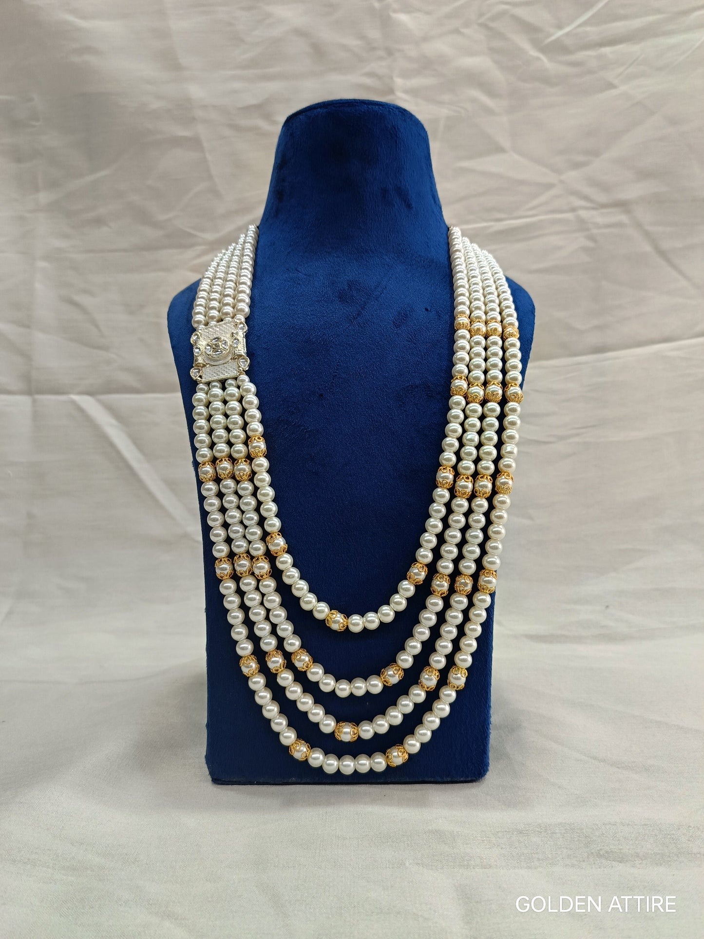 Groom's Pearl & Stone Sherwani Necklace: Wedding Jewelry, Ivory groom Kantha, Mala