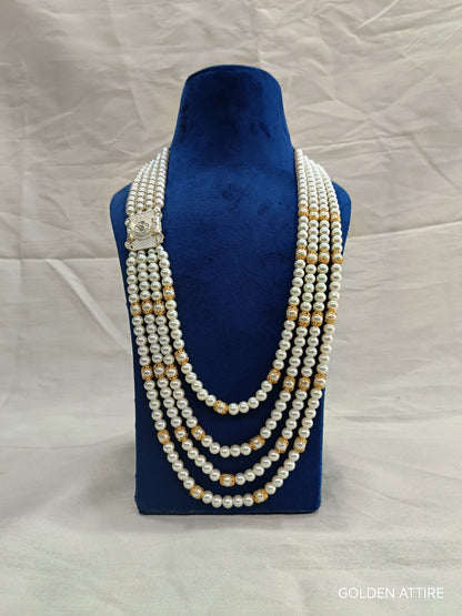 Groom's Pearl & Stone Sherwani Necklace: Wedding Jewelry, Ivory groom Kantha, Mala