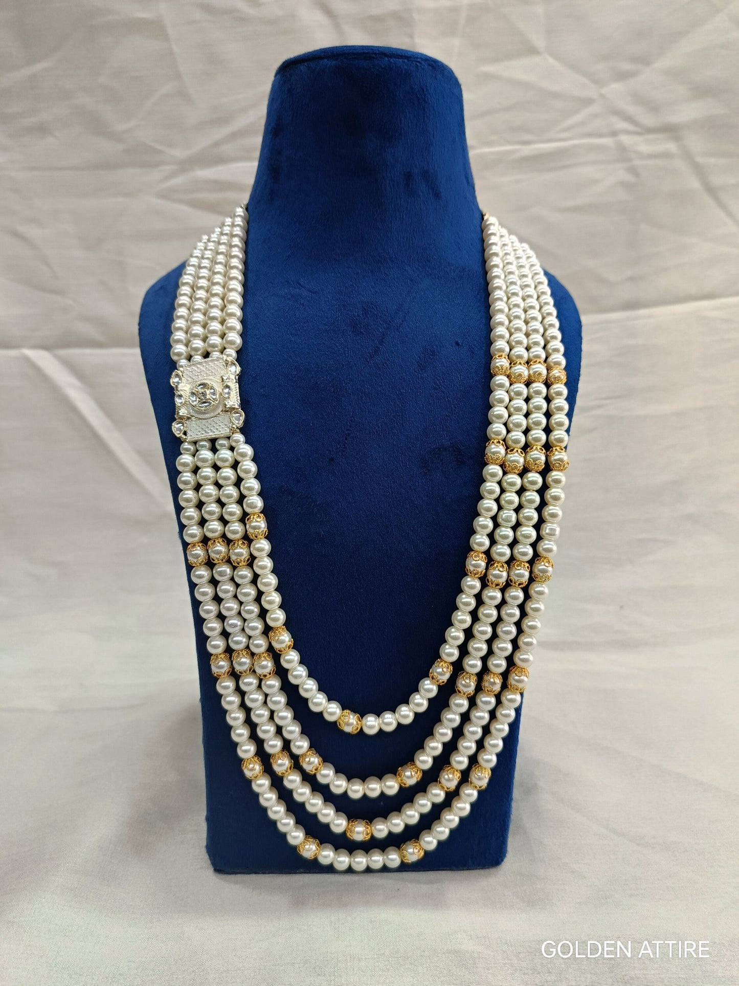 Groom's Pearl & Stone Sherwani Necklace: Wedding Jewelry, Ivory groom Kantha, Mala