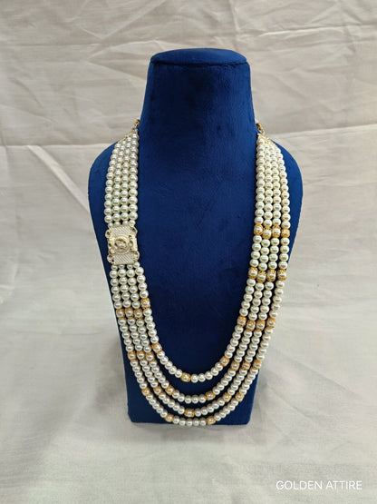 Groom's Pearl & Stone Sherwani Necklace: Wedding Jewelry, Ivory groom Kantha, Mala