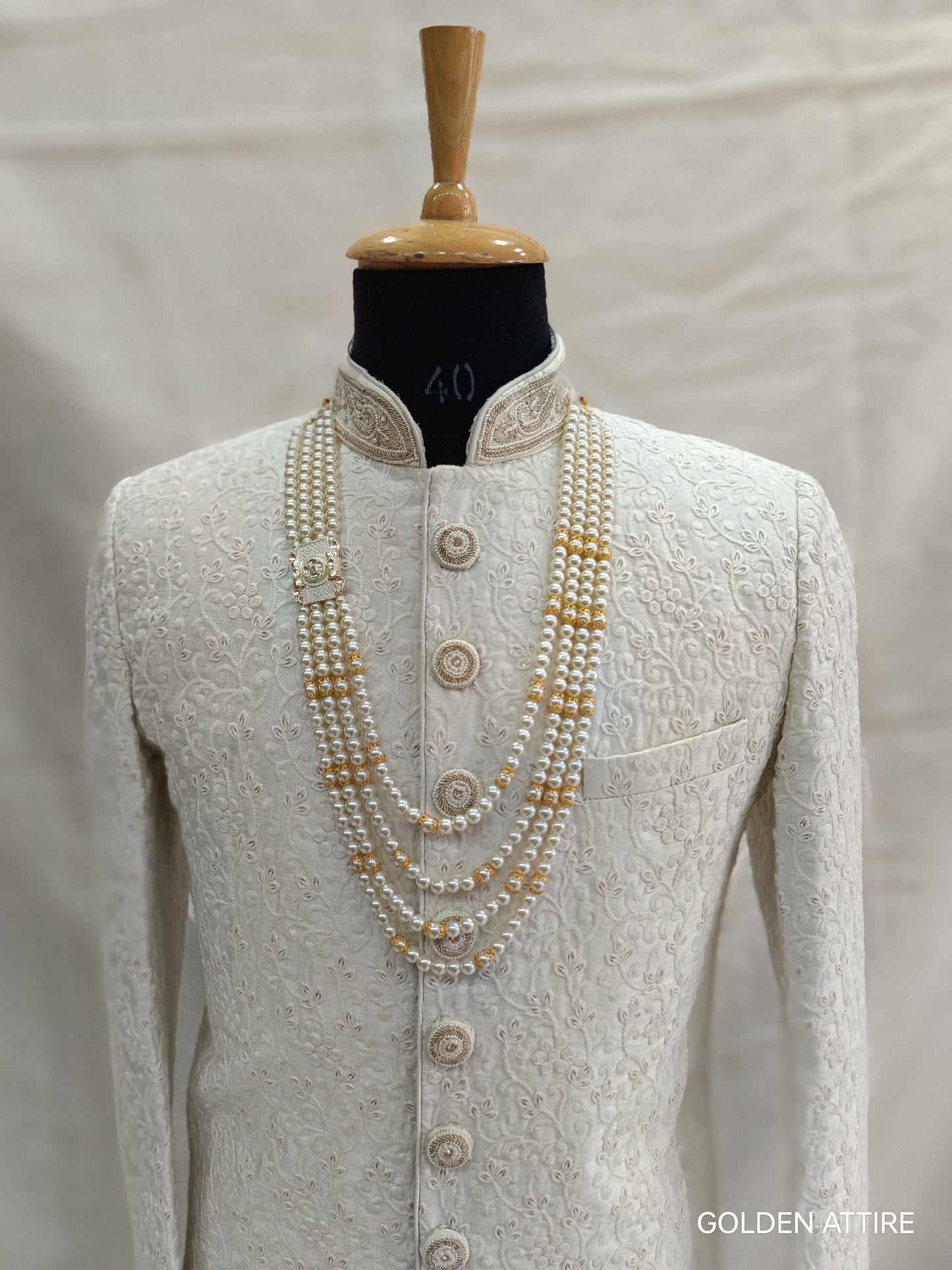 Groom's Pearl & Stone Sherwani Necklace: Wedding Jewelry, Ivory groom Kantha, Mala