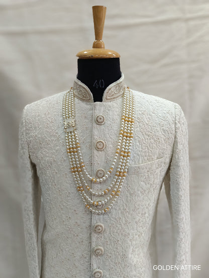 Groom's Pearl & Stone Sherwani Necklace: Wedding Jewelry, Ivory groom Kantha, Mala