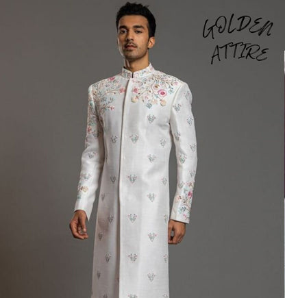 Elegant White Sherwani for Groom: Handcrafted Wedding Outfit