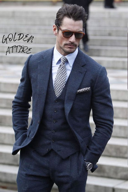 Navy Blue 100% Wool Tweed 3 Piece Suit Men’s Wedding Suit & Groom Outfit