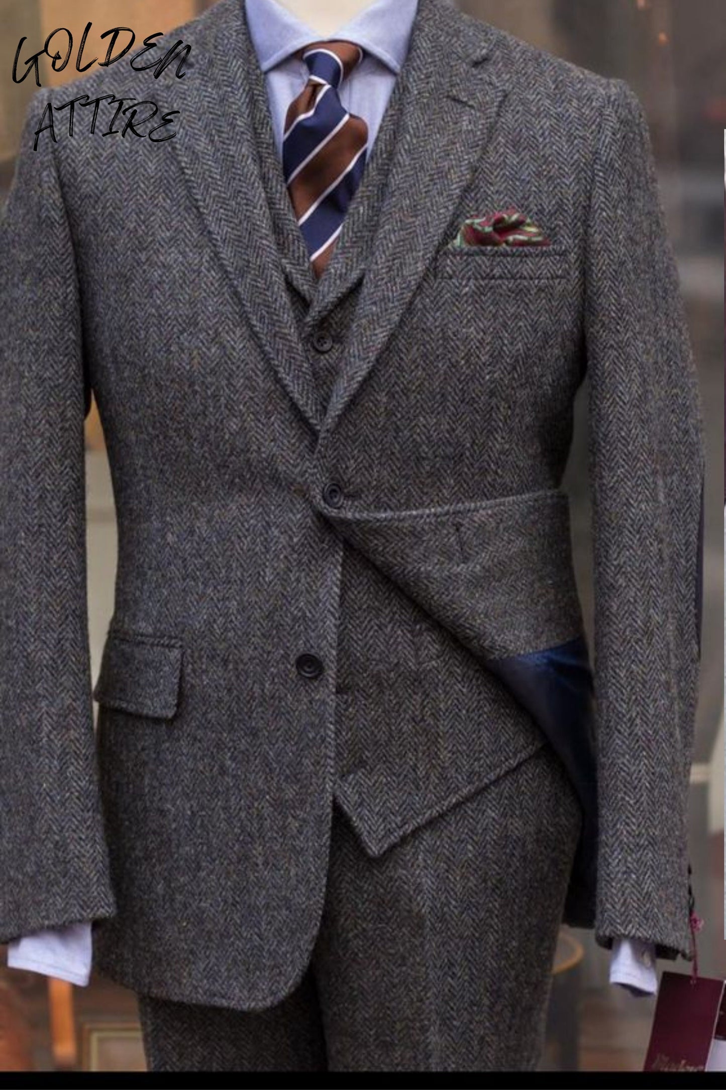 Men's Charcoal Grey Herringbone Three Piece Suit, Tweed Wool Vintage Wedding Groom Outfit