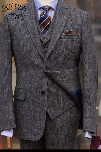 Men's Charcoal Grey Herringbone Three Piece Suit, Tweed Wool Vintage Wedding Groom Outfit