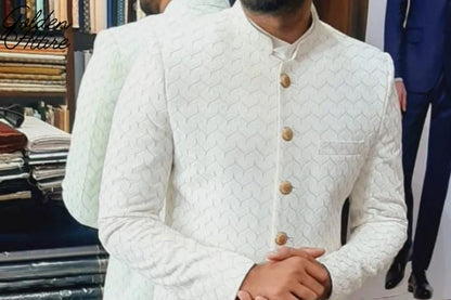 Ivory Velvet Indo Western Sherwani for Men, Custom Fit Groom Achkan Set