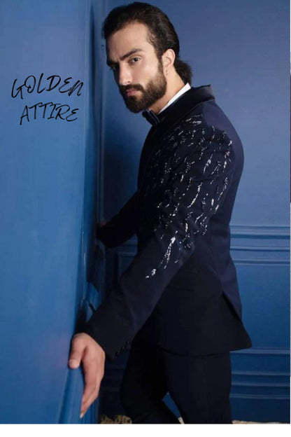 Black Tuxedo Suit, Hand Embroidered 3-Piece Wedding Groom Outfit