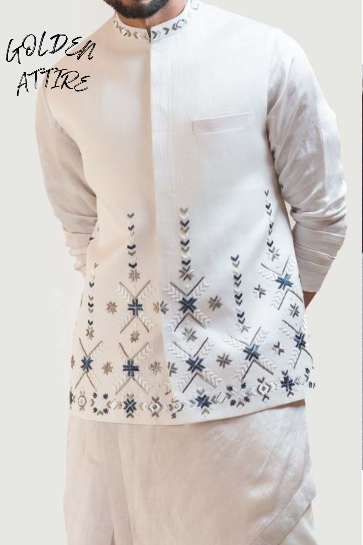 White Embroidered Nehru Jacket: Indian Wedding Groom Attire