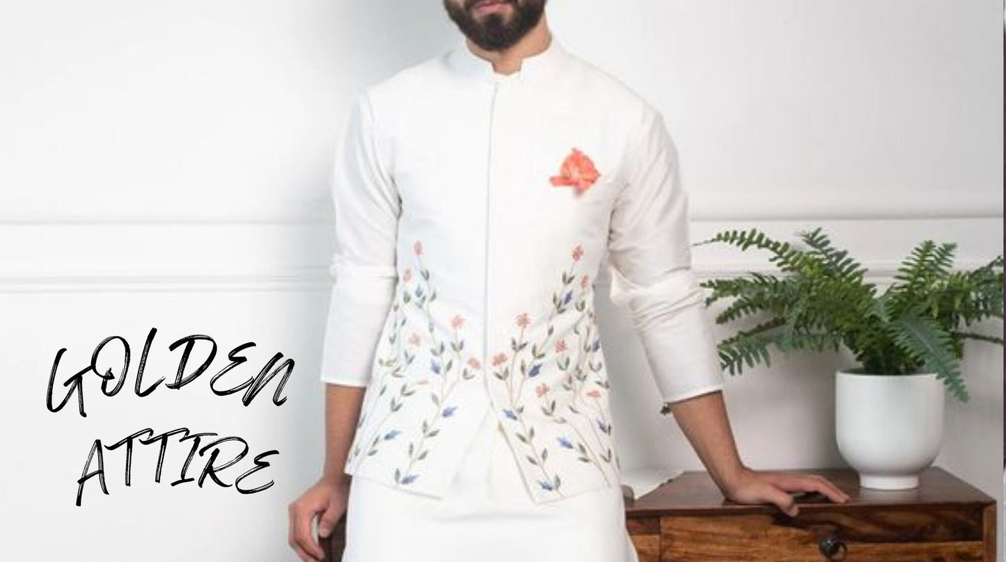 White Embroidered Nehru Jacket with Kurta Pajama, Groom Wedding Modi Jacket