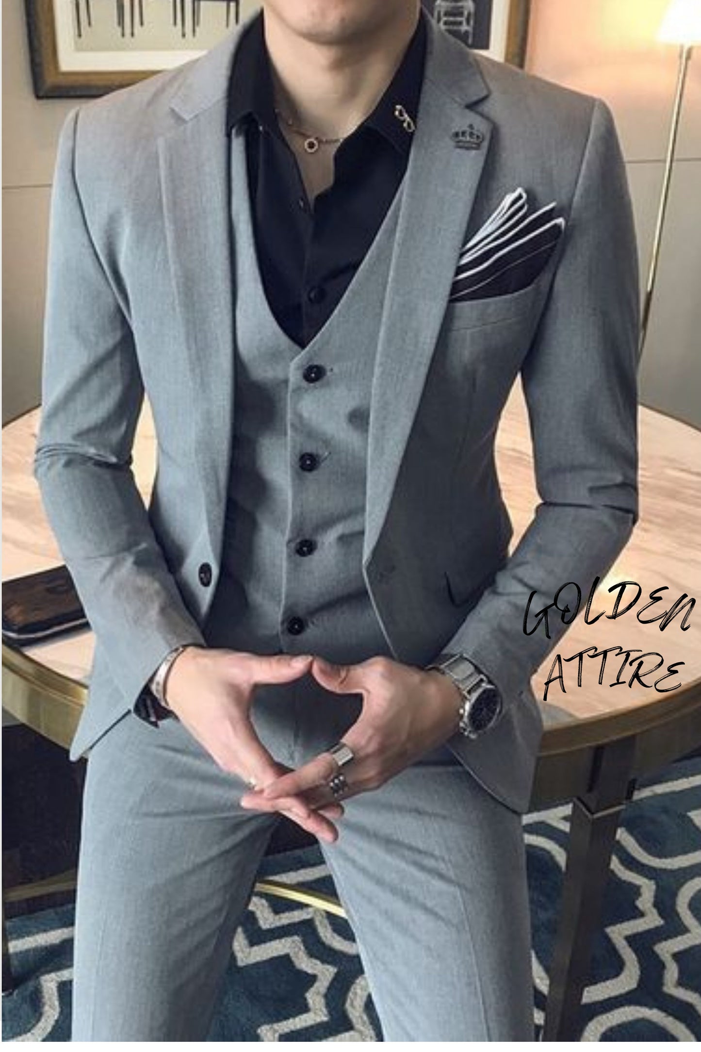 Grey 3-Piece Suit: Men's Wedding Groom Dinner Suit