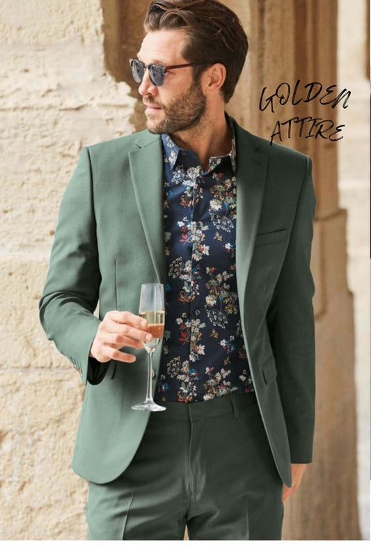 Men's Sage Green Suit, Slim Fit Two Piece Suit, Floral Shirt Option