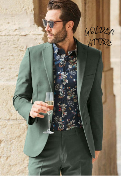 Men's Sage Green Suit, Slim Fit Two Piece Suit, Floral Shirt Option