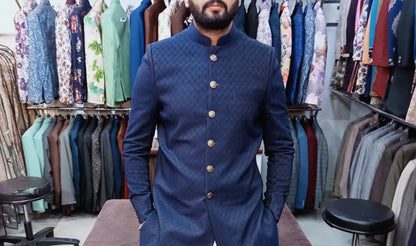 Blue Thread Embroidered Sherwani for Men, Indian Wedding Groom Outfit