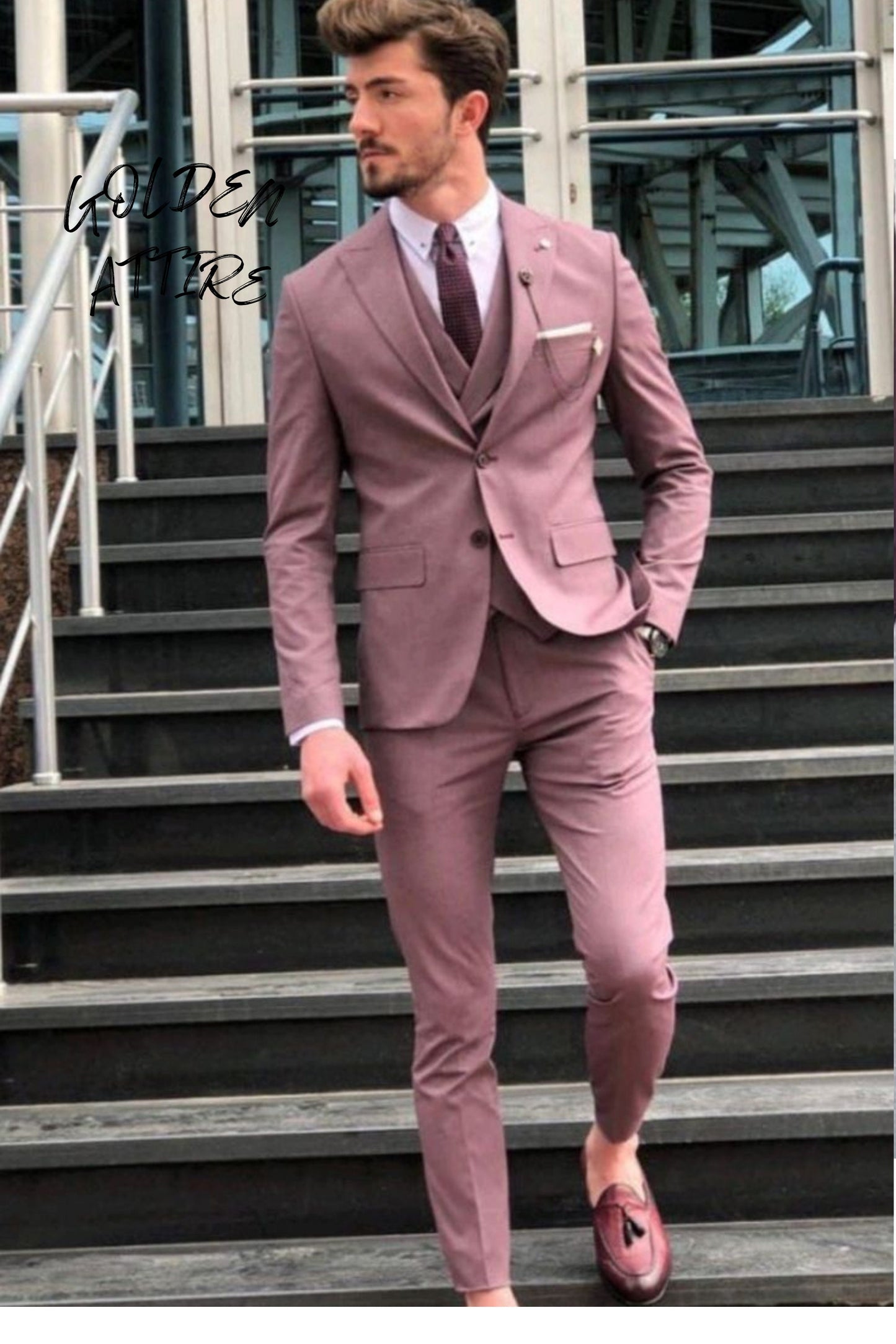 Dusty Rose Men's 3-Piece Suit, Wedding Groom Bespoke Attire