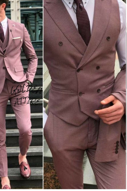 Dusty Rose Men's 3-Piece Suit, Wedding Groom Bespoke Attire