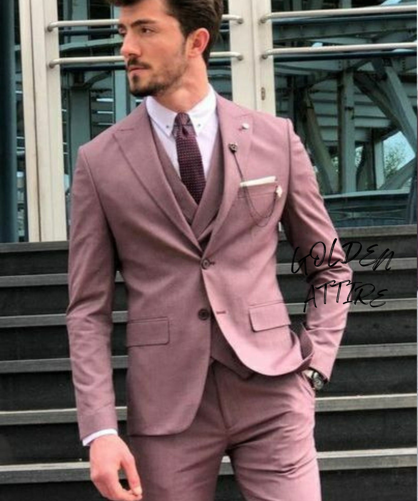 Dusty Rose Men's 3-Piece Suit, Wedding Groom Bespoke Attire